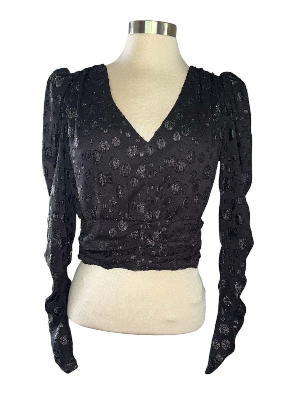Lush Black Metallic Dot V-Neck Ruched Long Sleeve Top Party Circle Sz Small NWT